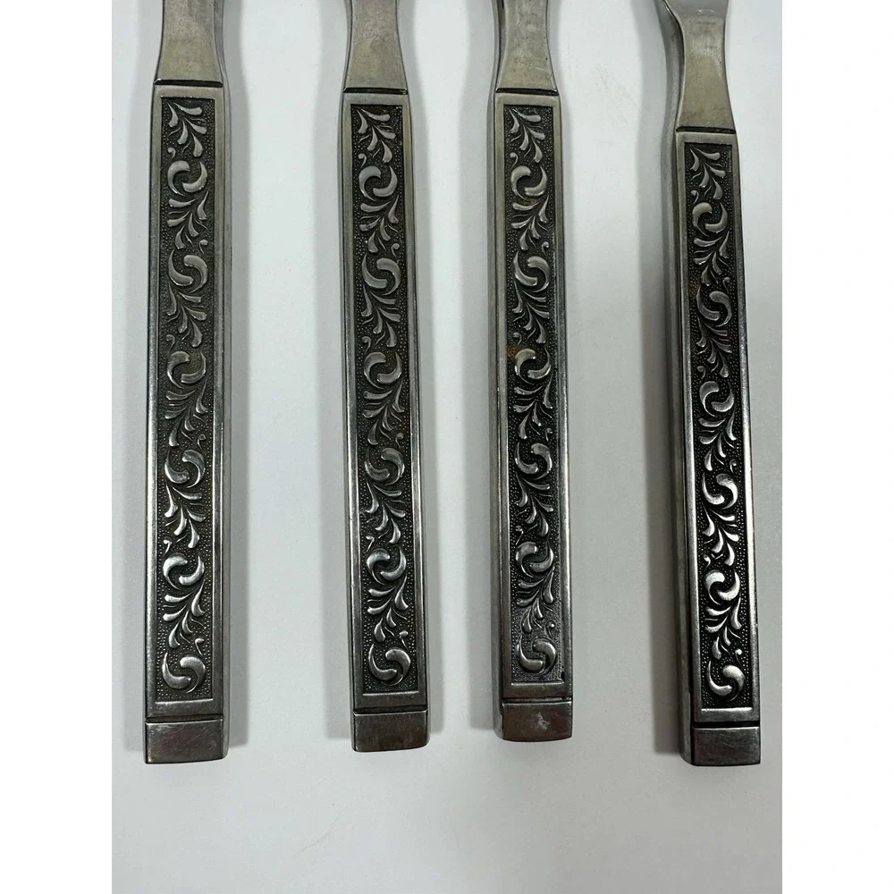 Japan Stainless Flatware Knives Textured Black Scroll Vtg MCM Set Of 4